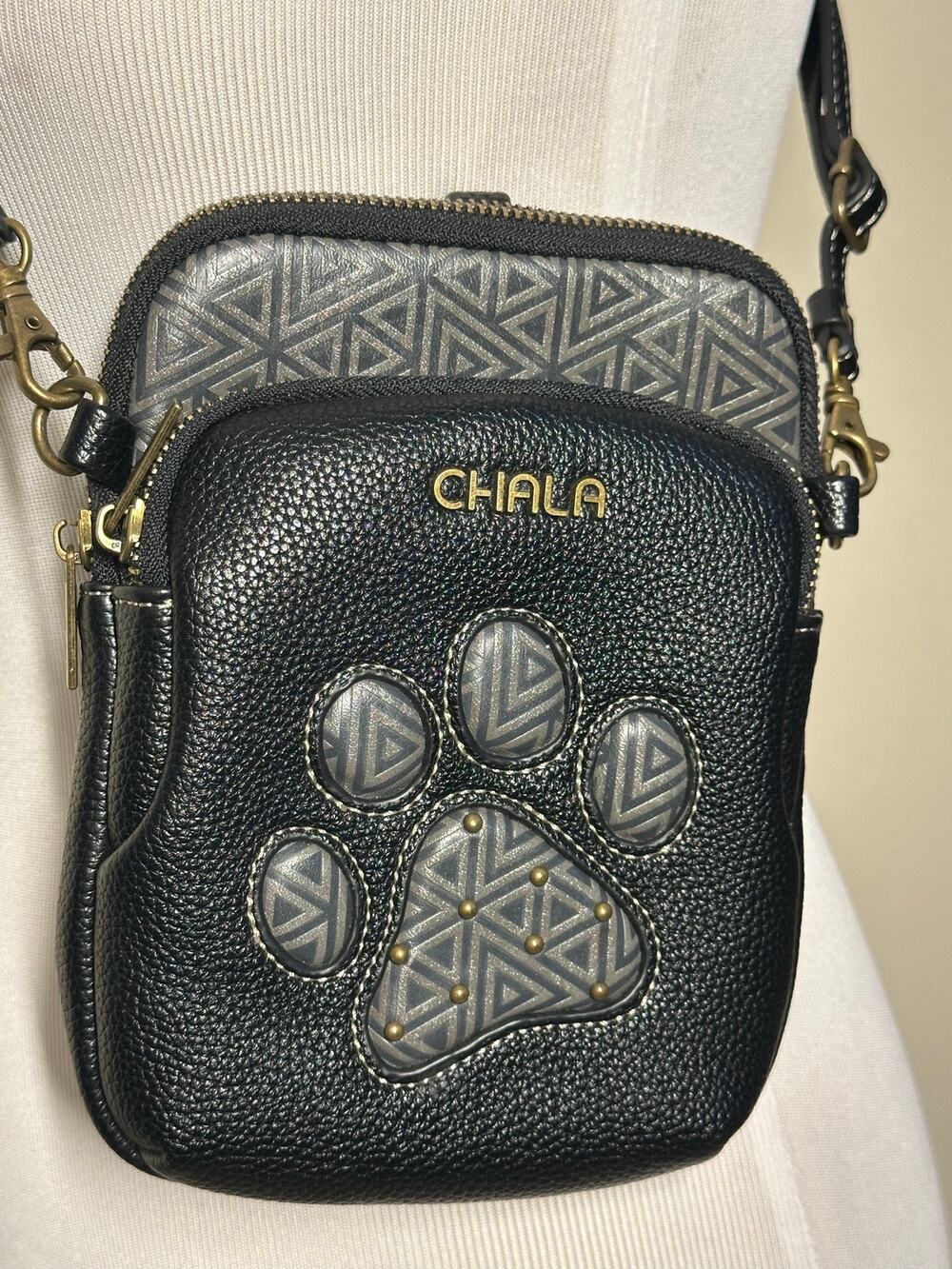 Chala Black Crossbody Bag with Paw Print With Adjustable Strap